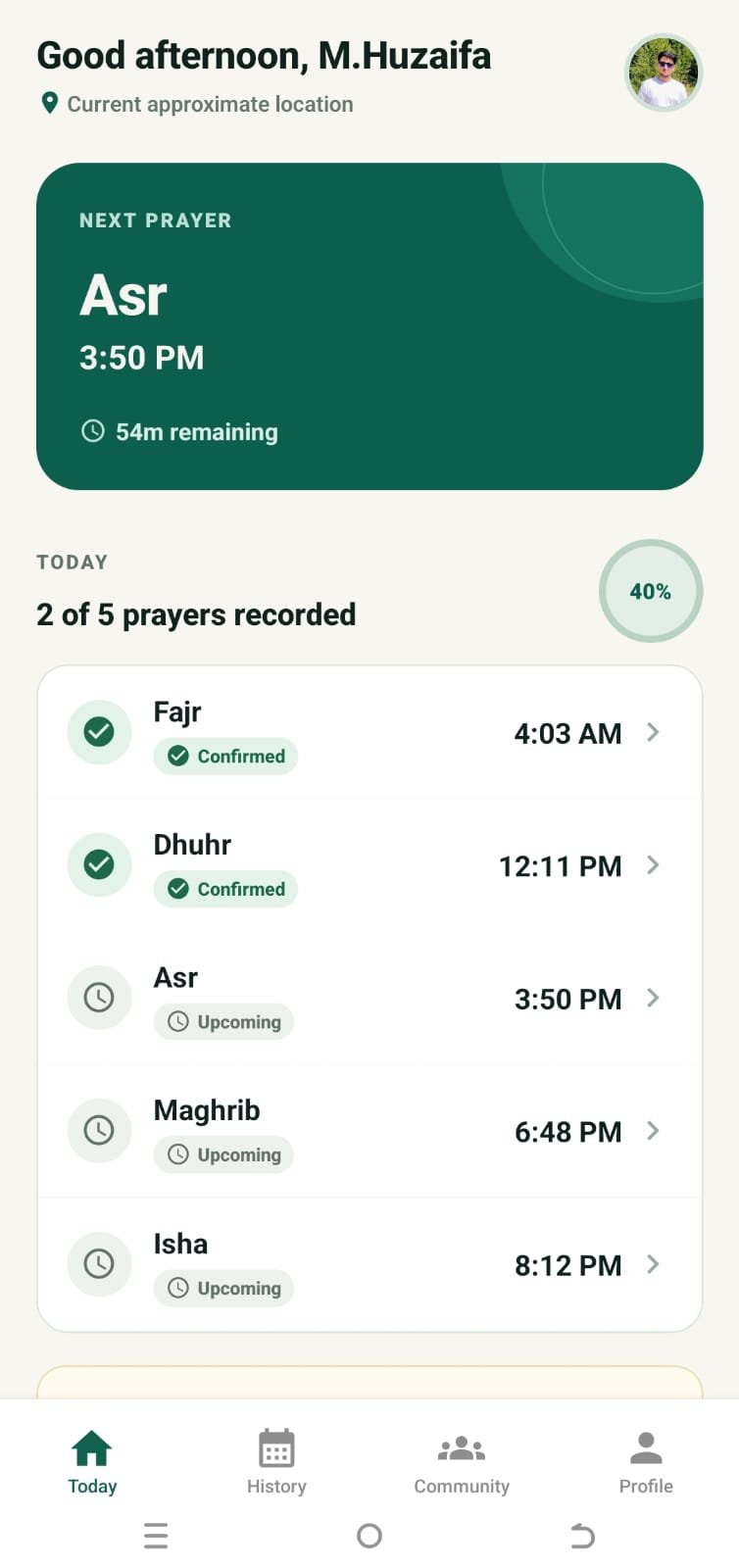 Istiqaam home screen showing daily prayer tracker